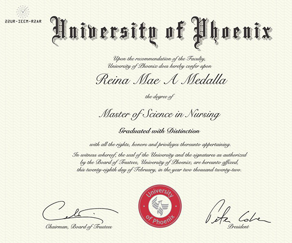 image of degree owned by Reina Medalla, owner of Valley Comfort Care Home